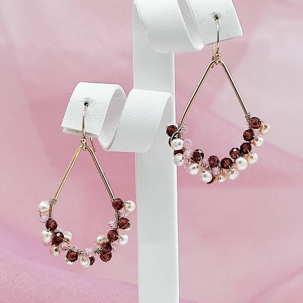 Tiny Pearl & Garnet Hoop Earrings, 14K Gold Filled